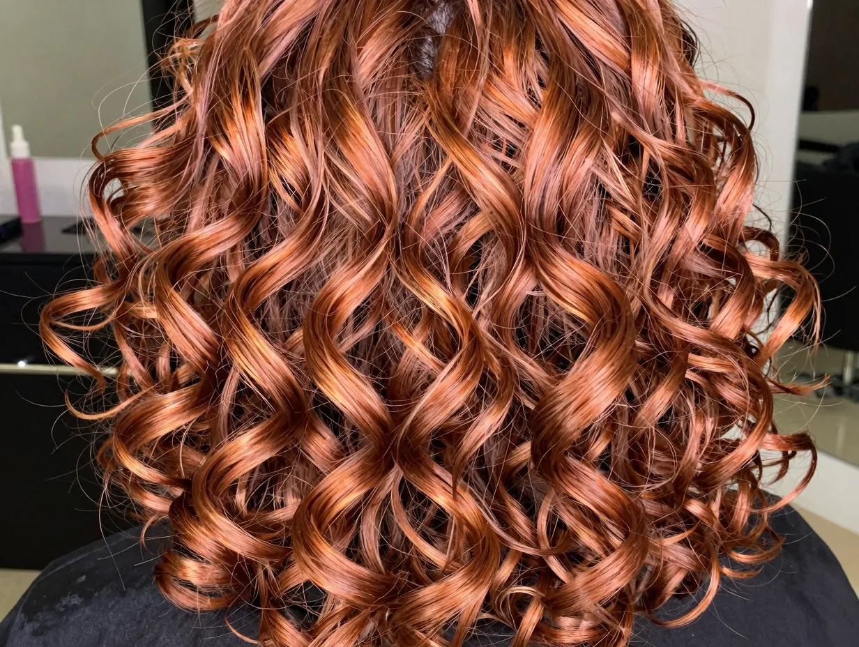 Foilyage hybrid technique bright defined copper caramel curly highlights