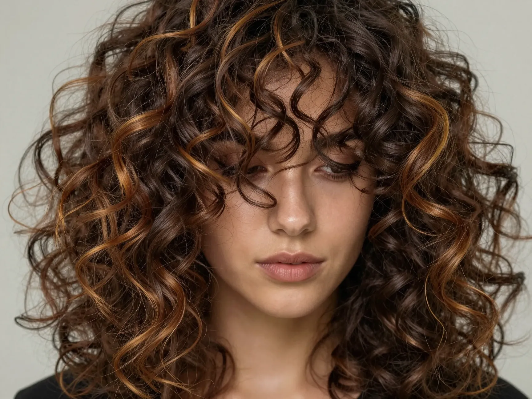 Caramel highlights dark brunette curly hair depth and contrast