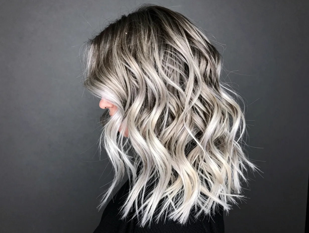 Ash blonde platinum balayage cool dramatic curly hair ombre