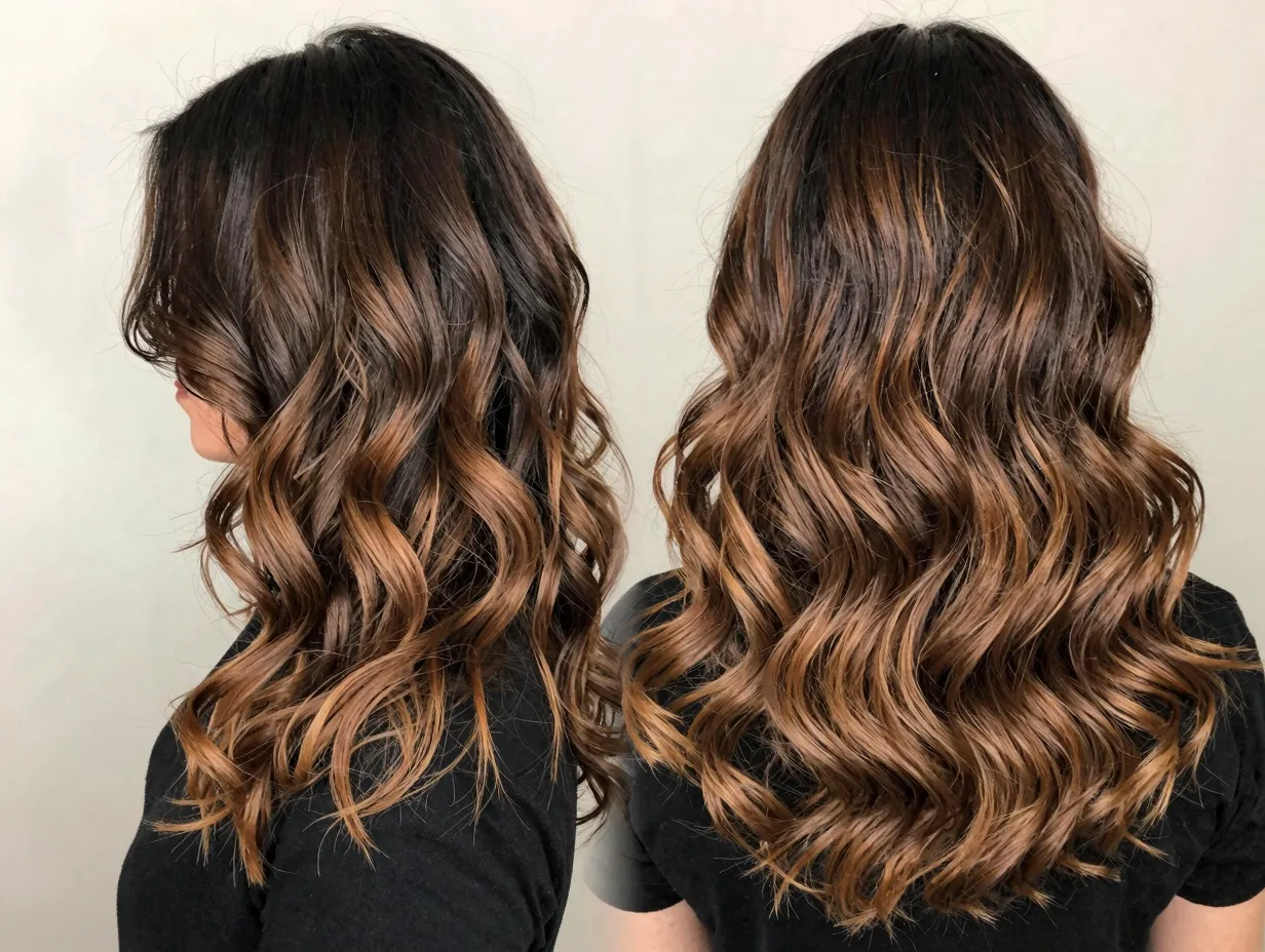 Sombre soft ombre dark caramel gradient curly hair transition