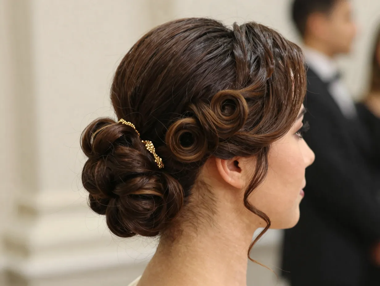 Structured havana curls updo bun with loose face framing curls