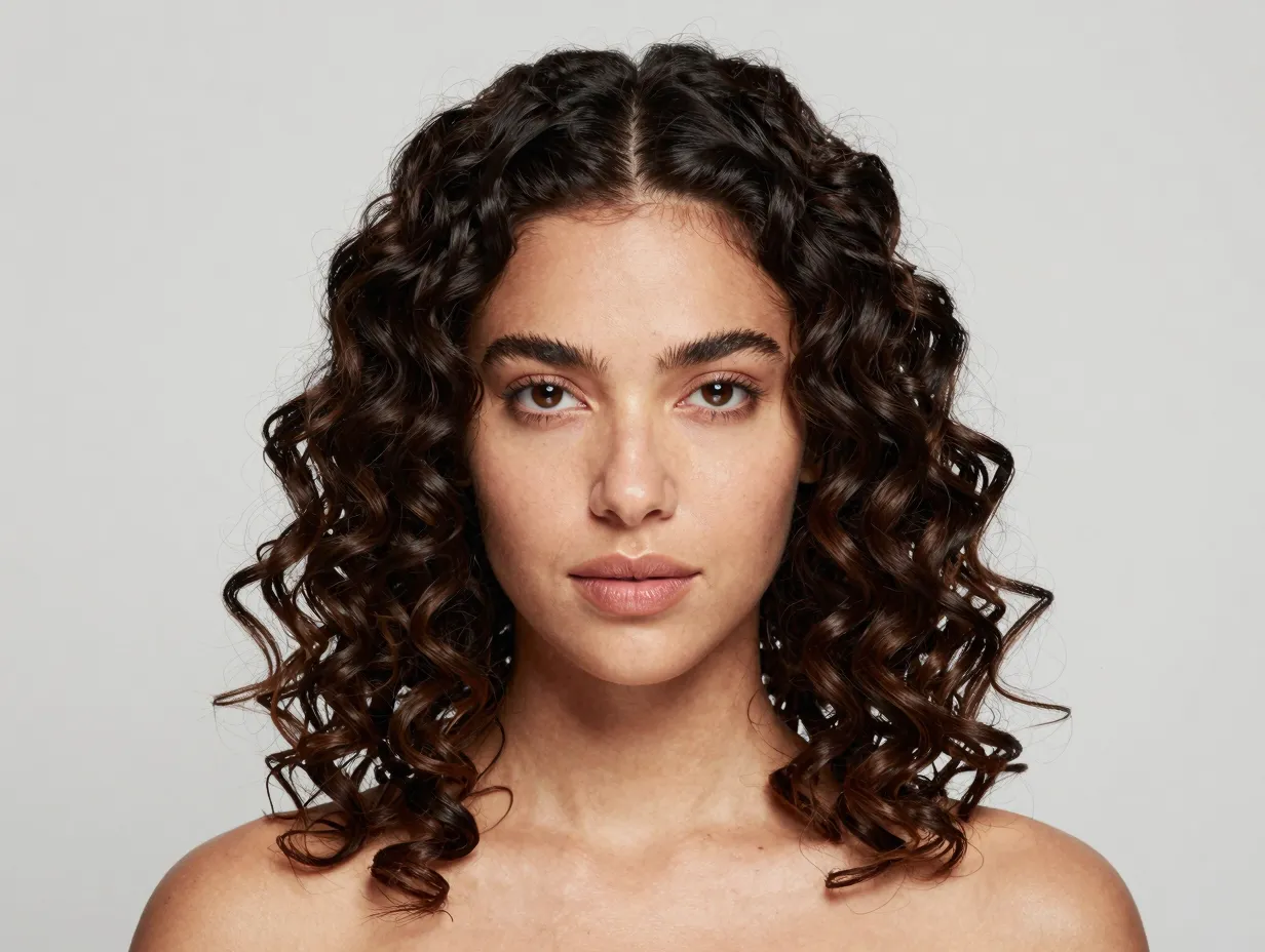 Sleek middle part havana curls creating symmetrical face framing
