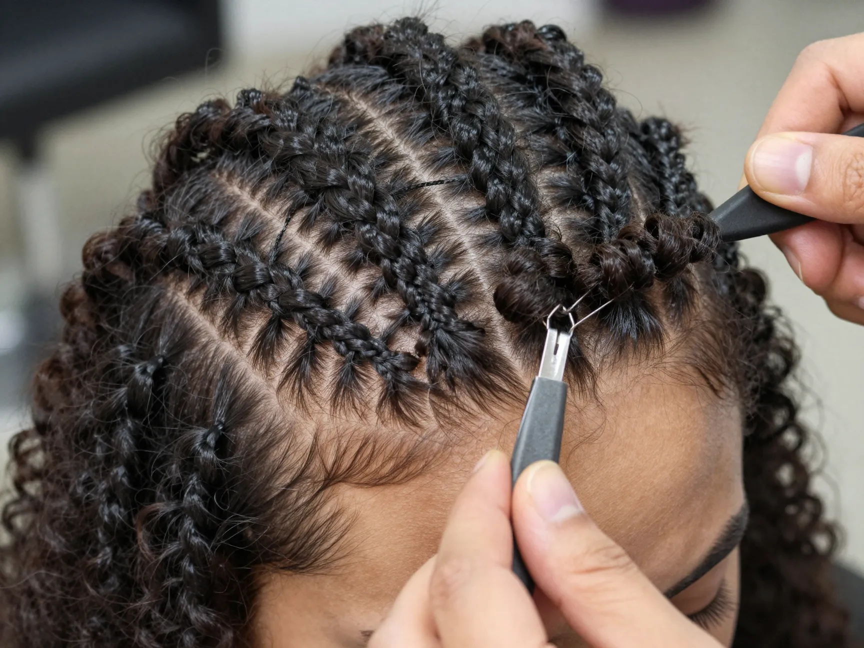 Crochet installed havana curls with cornrow base visible at part