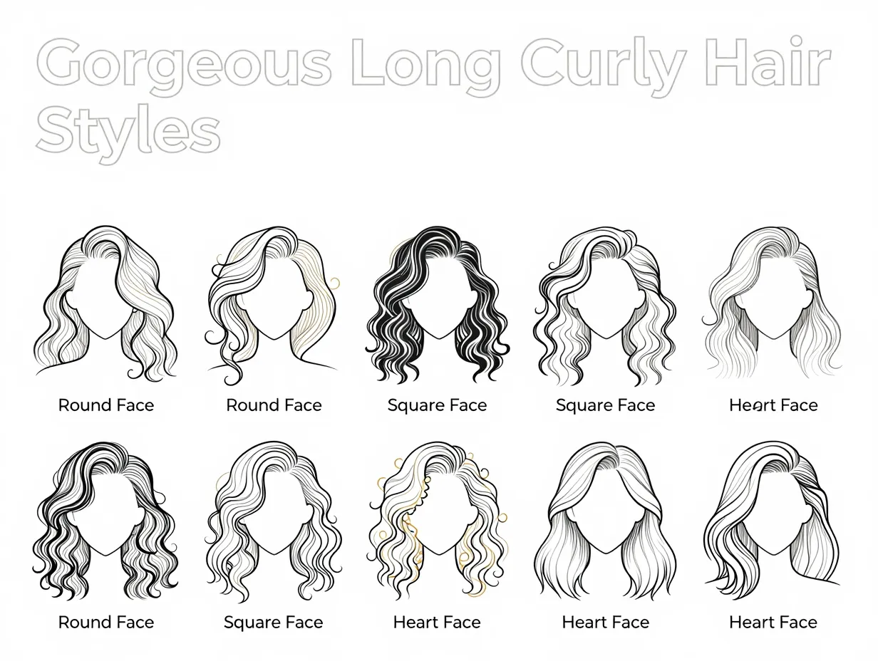 Nine curly hairstyles diagrams face shapes grid swirl vector art
