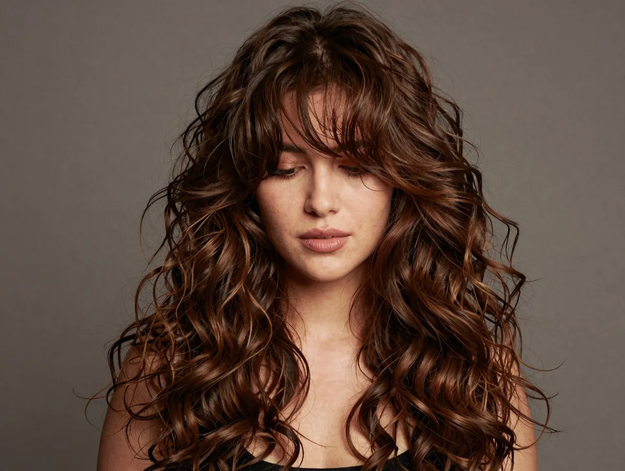 Soft cascading layers below chin crown volume for round face