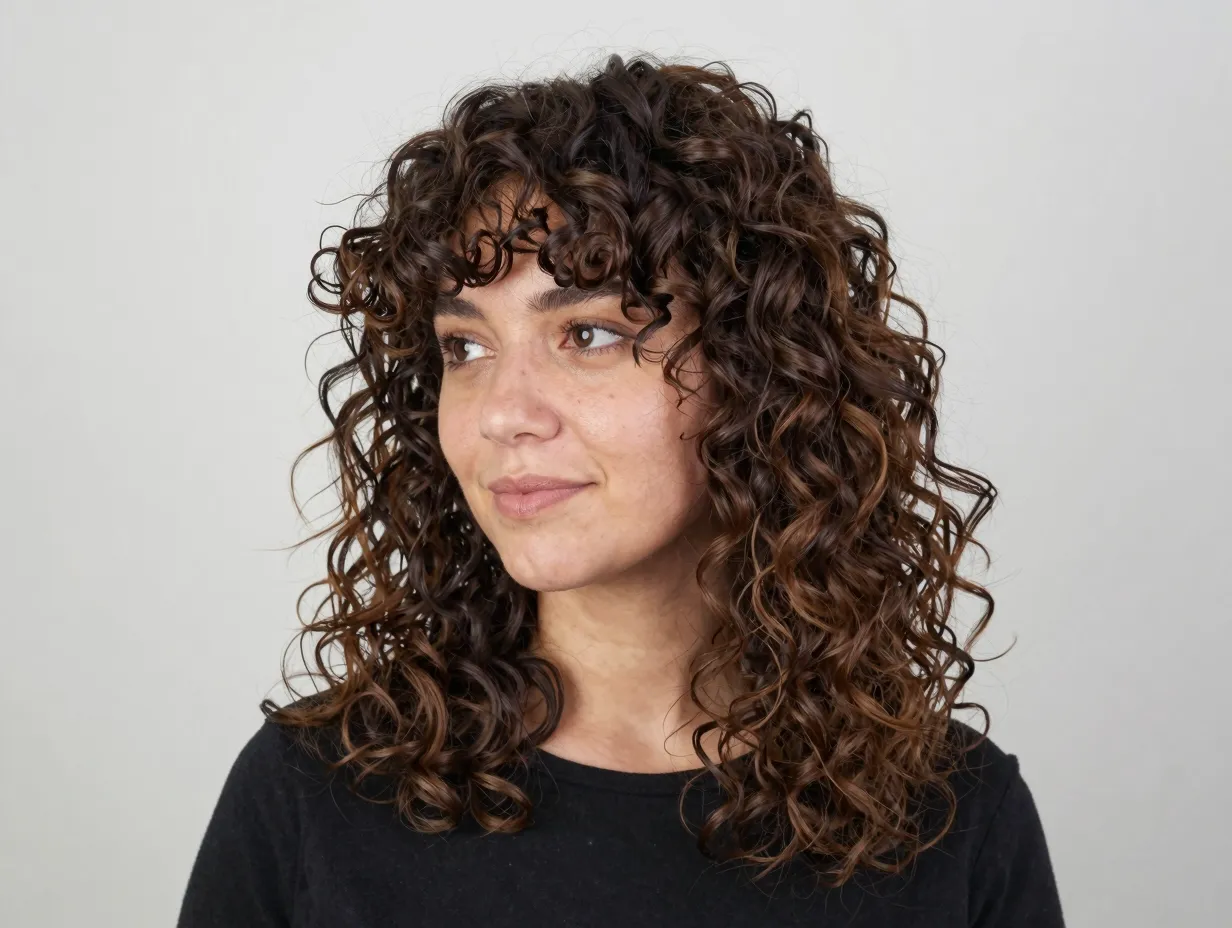 Side swept curly layers with asymmetric bangs mid length