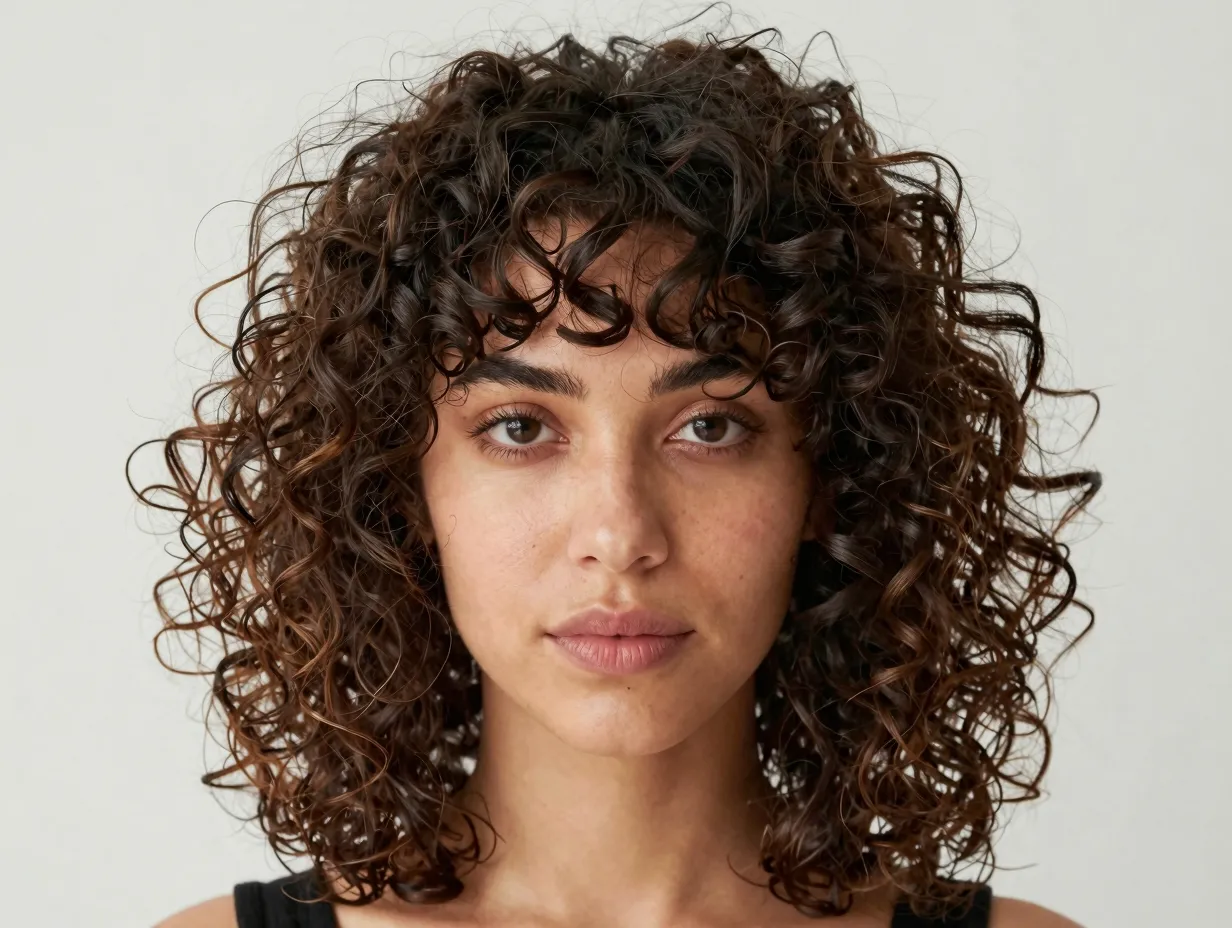 Voluminous curly layers below chin for diamond face shape