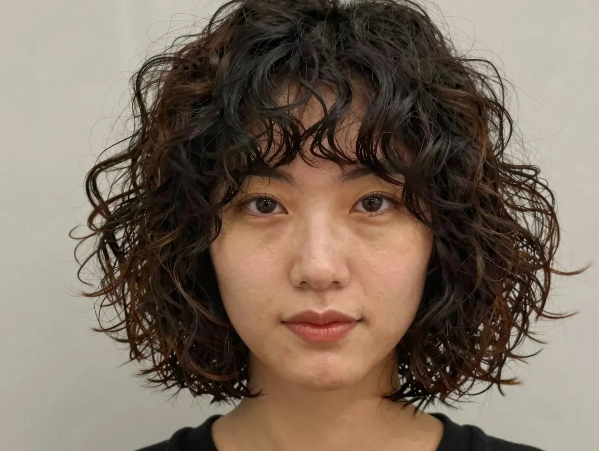 Textured bob layers concentrated around chin heart face