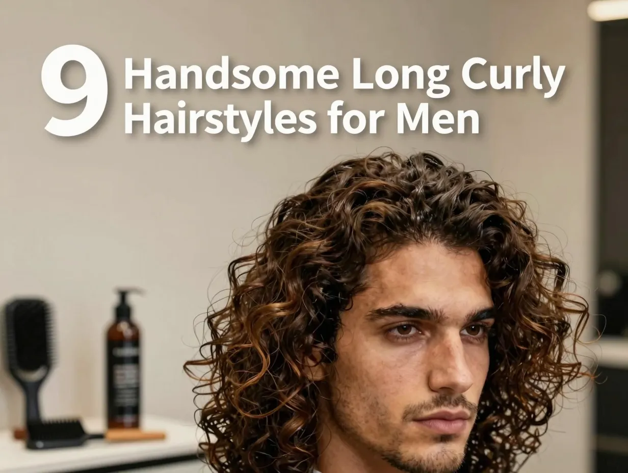 Long curly hairstyles guide confident man with tools