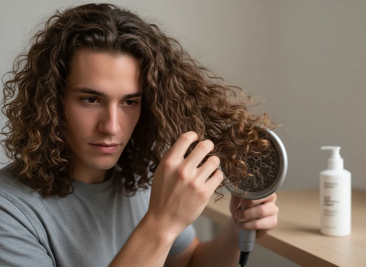 Young man with natural flowing long curly hair diffusing damp hair