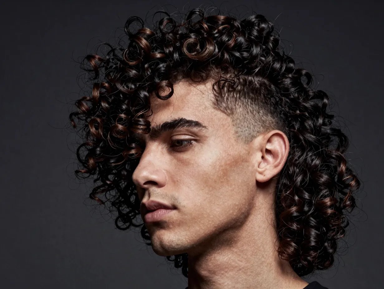 Man with dramatic long curly fringe and short shaved sides