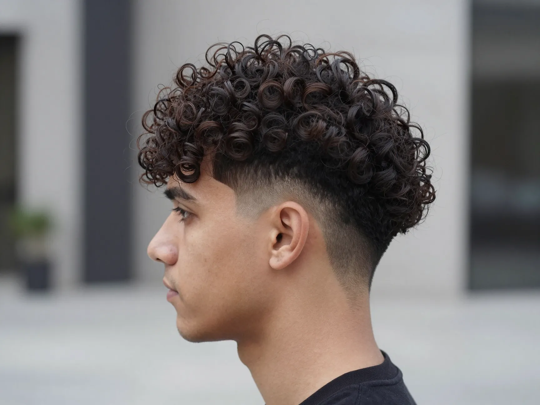 Man showcasing structured curly undercut with clean sides and long top