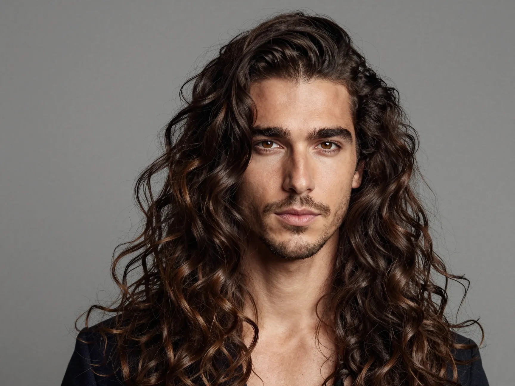 Man with loose flowing long curly hair and a defined side part