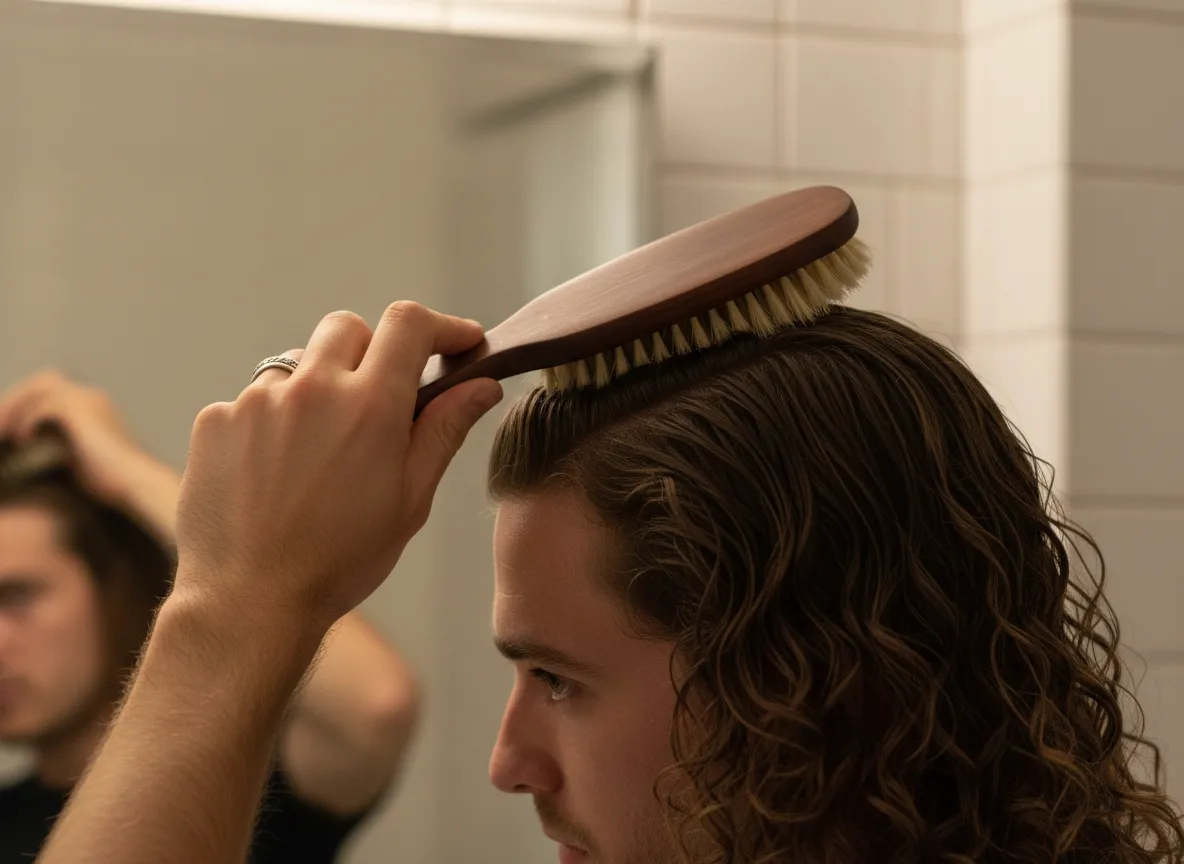 Man brushing back his long curly hair with a natural bristle brush
