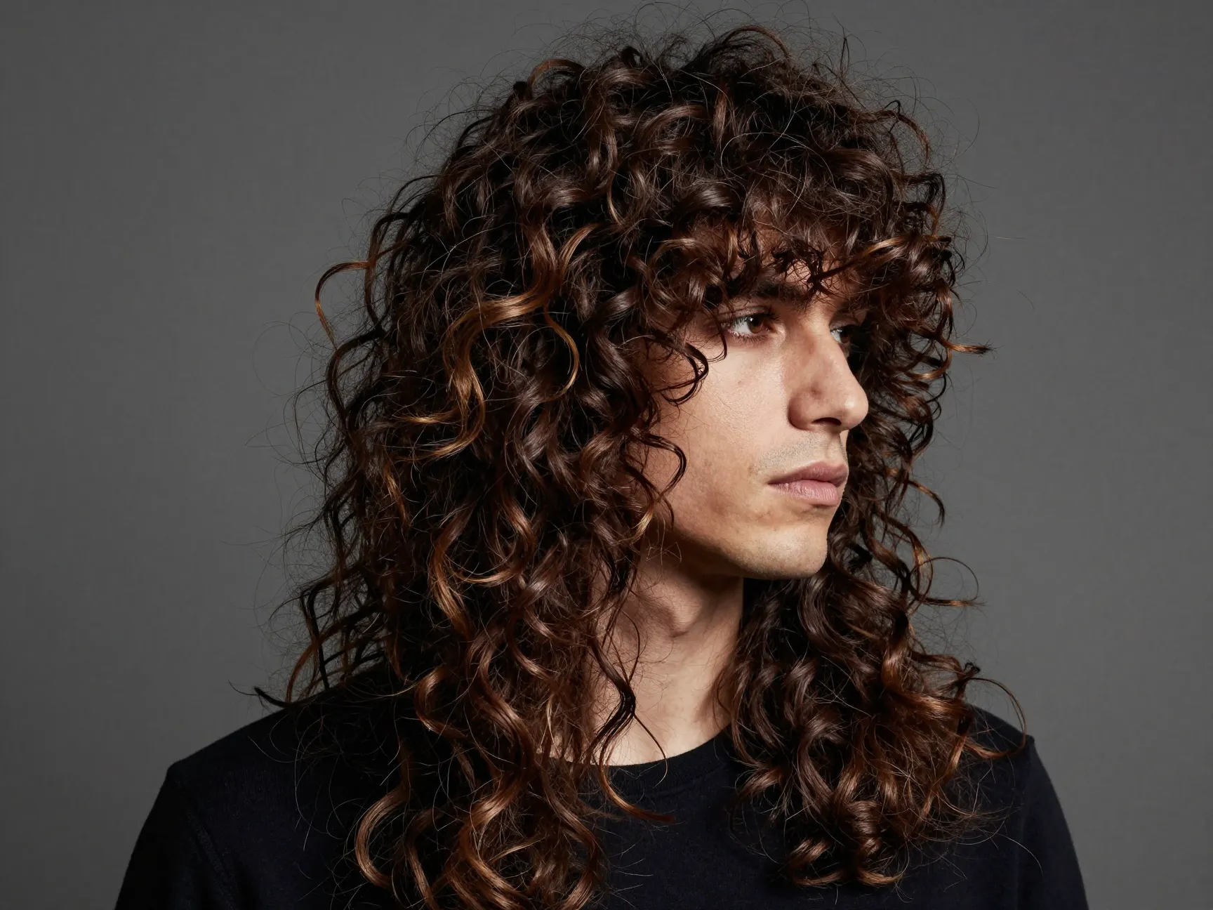Man with a long layered curly shag hairstyle looking artistic