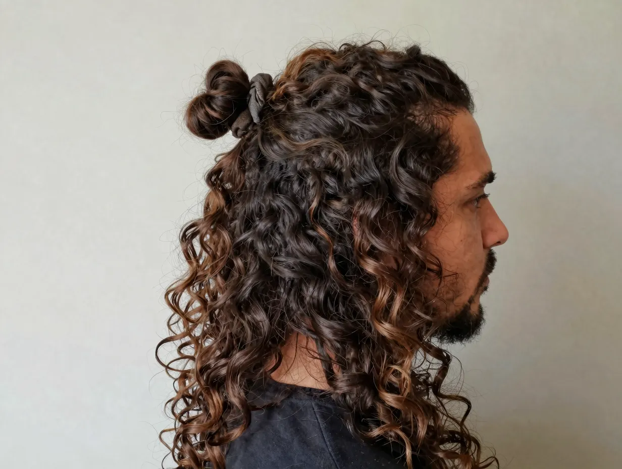Man with long curly hair styled in a half up loose bun