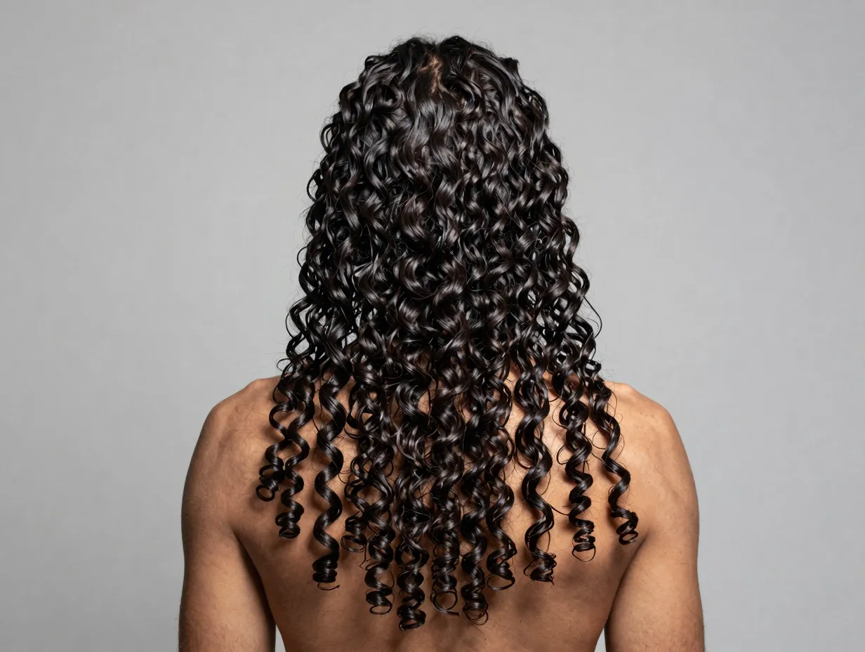 Man with long defined type four coily hair in a column silhouette