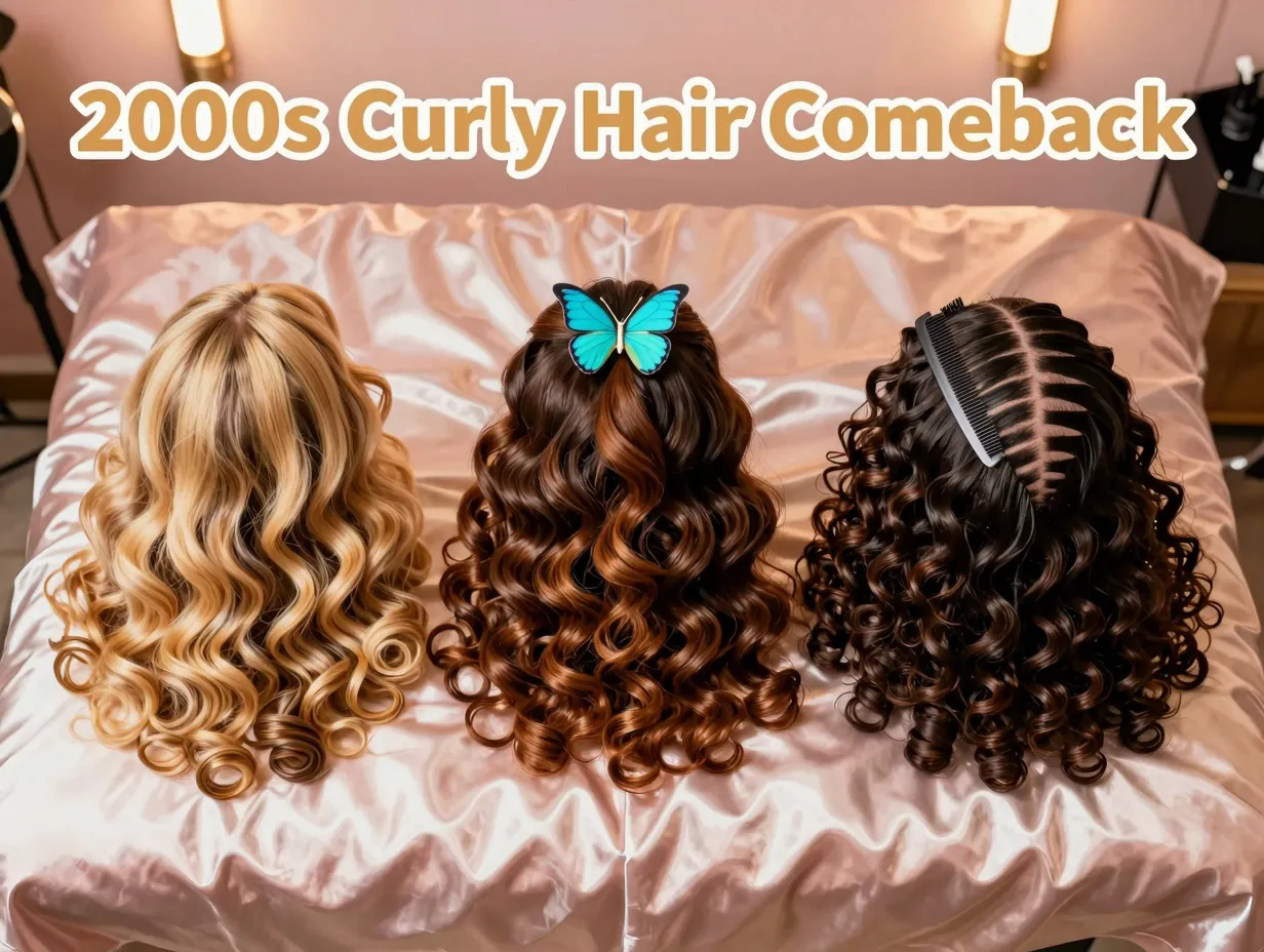 Y2k curly comeback chunky highlight butterfly clip zigzag part flatlay