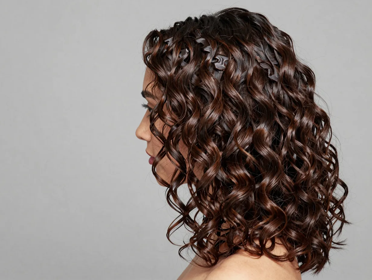 Wavy haired woman with crimped roots and glossy loose curly ends