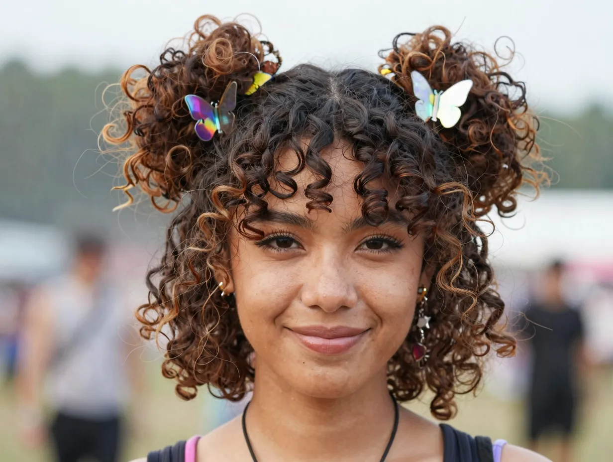 Person with curly hair in two high buns and loose face framing curls