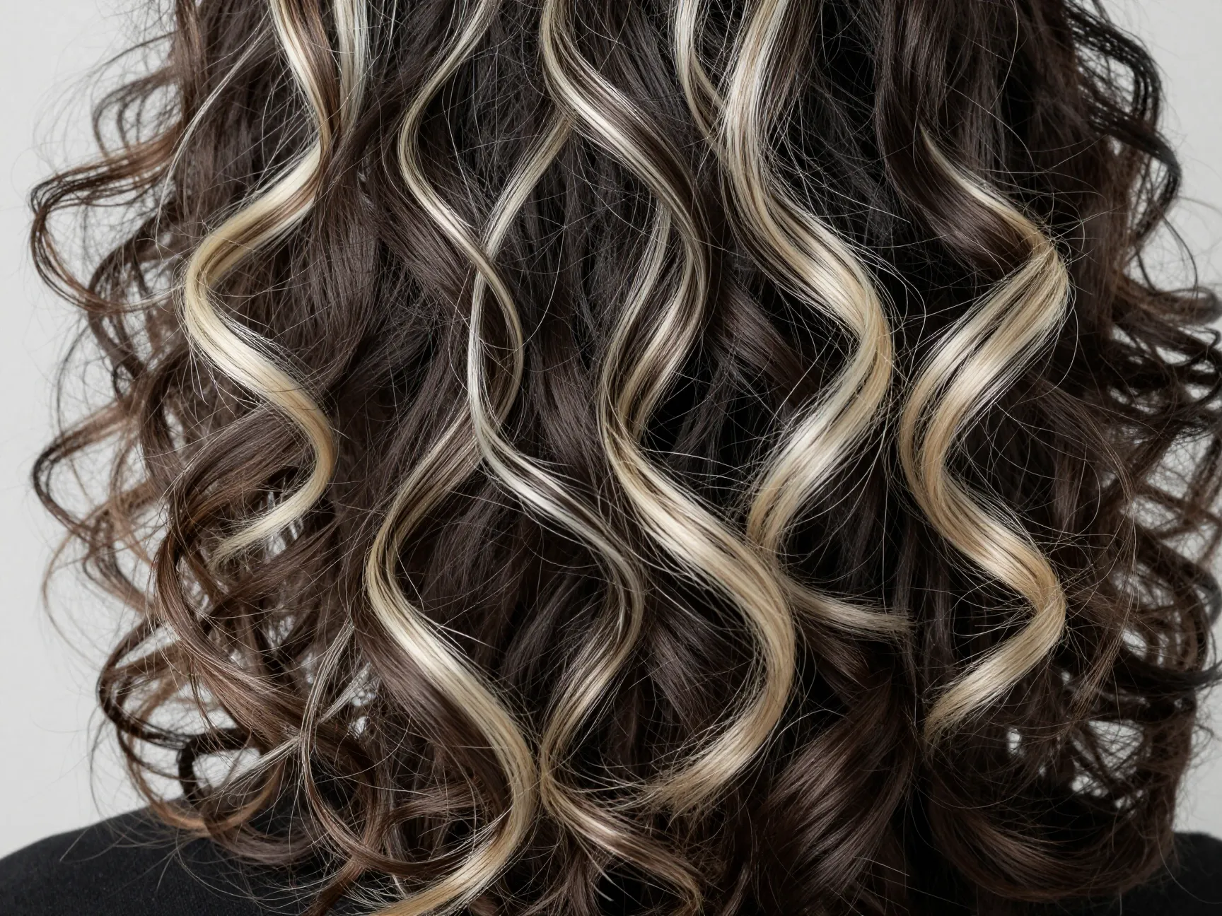 Dark curly hair with thick platinum chunky highlights catching light