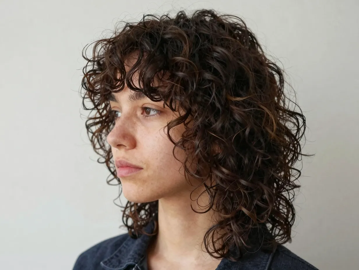Curly shag haircut with layered texture and face framing curtain bangs