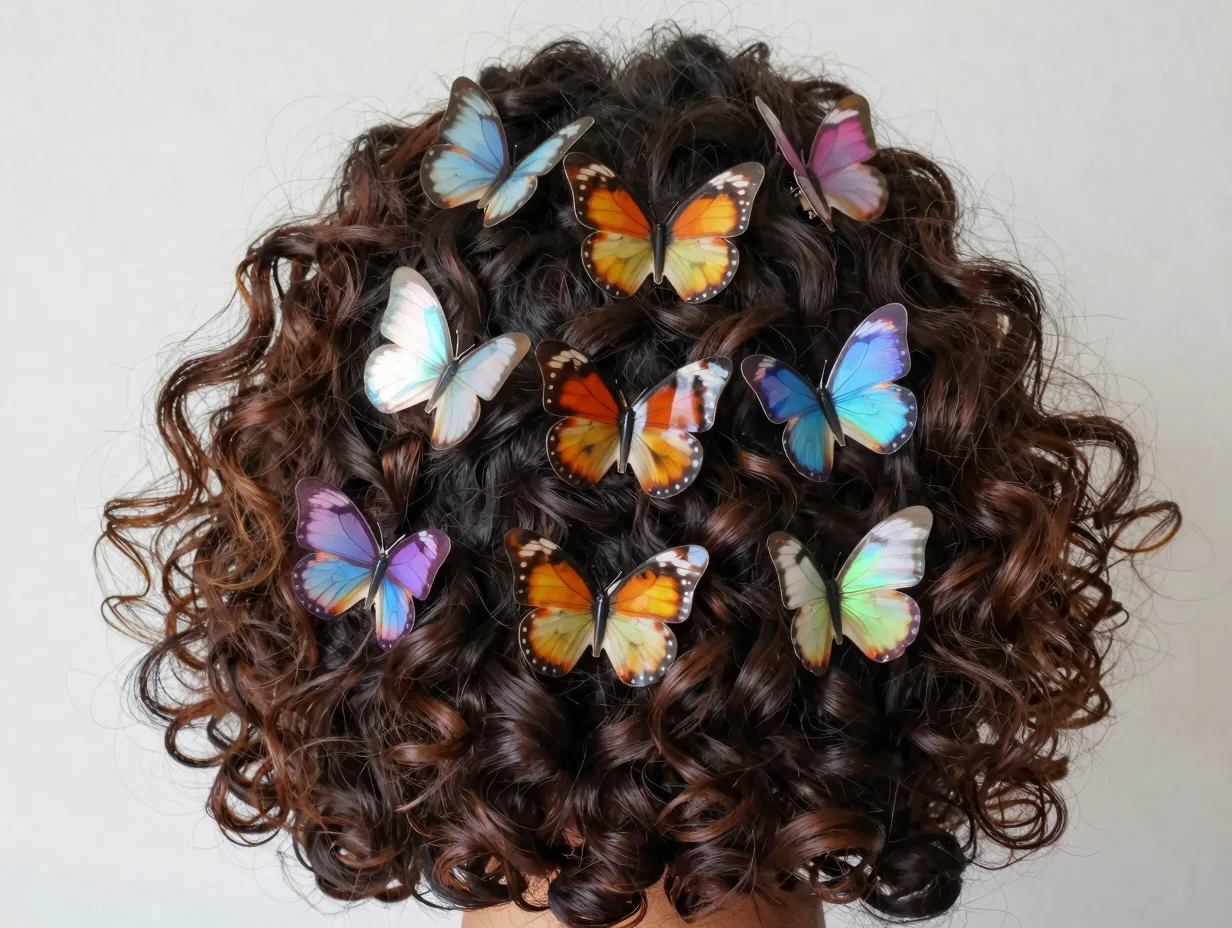 Half up curly hairstyle secured with multiple colorful butterfly clips