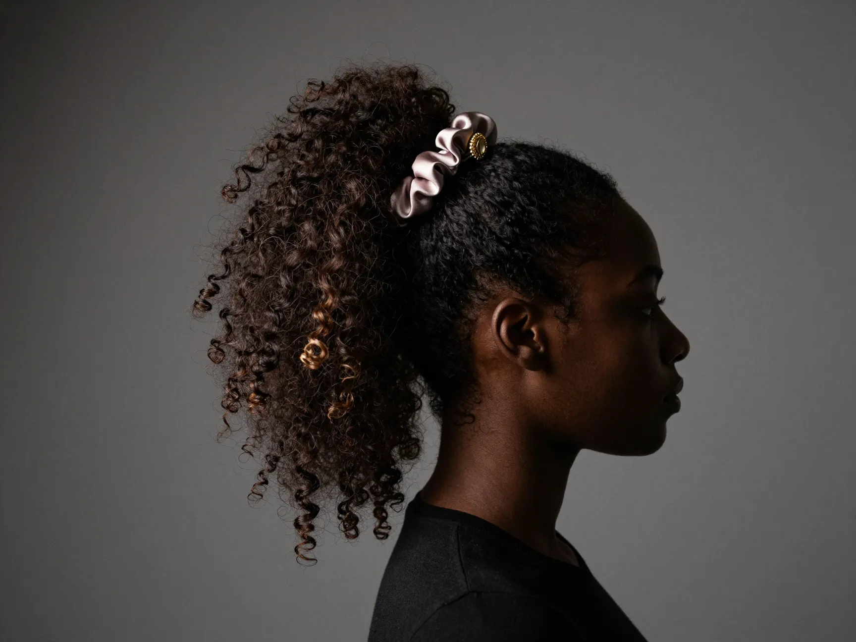 High loose ponytail of coily hair accessorized with a silk scrunchie