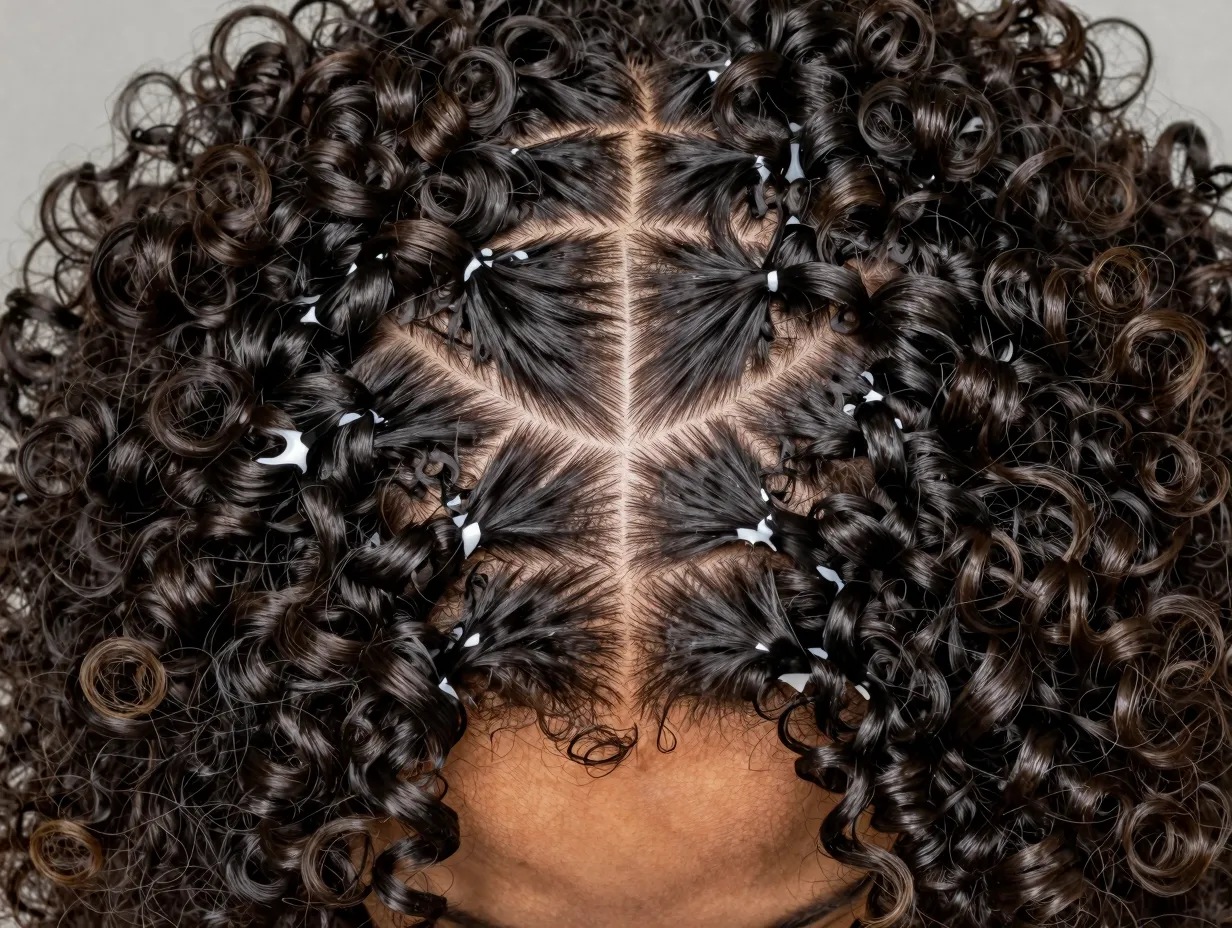 Sharp geometric zigzag hair part contrasted against tight coily curls
