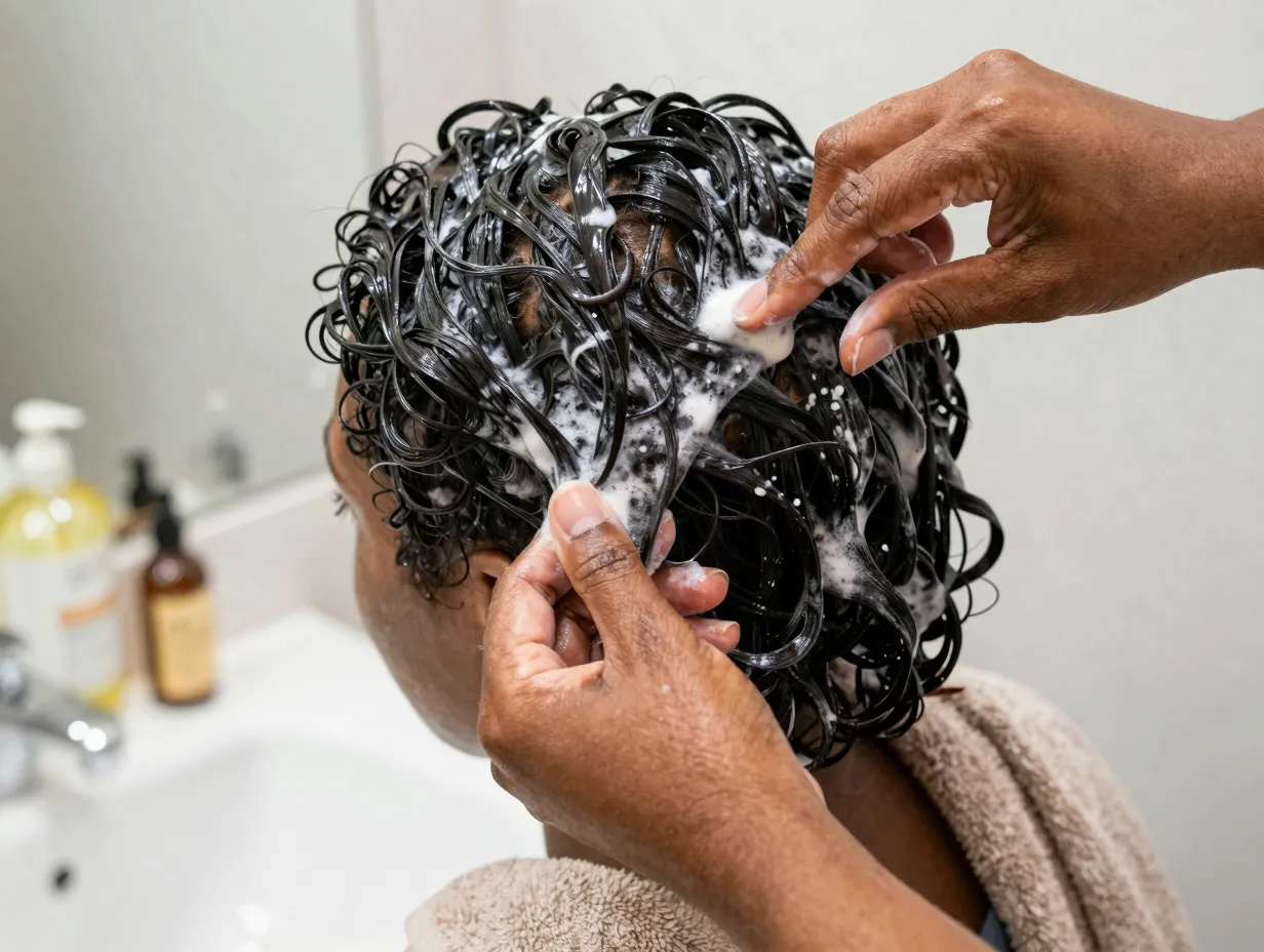 Tightly coiled 4c hair during detailed wash day tutorial with moisture