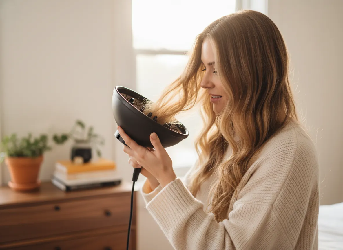 Fine wavy hair being diffused for soft definition without crunch