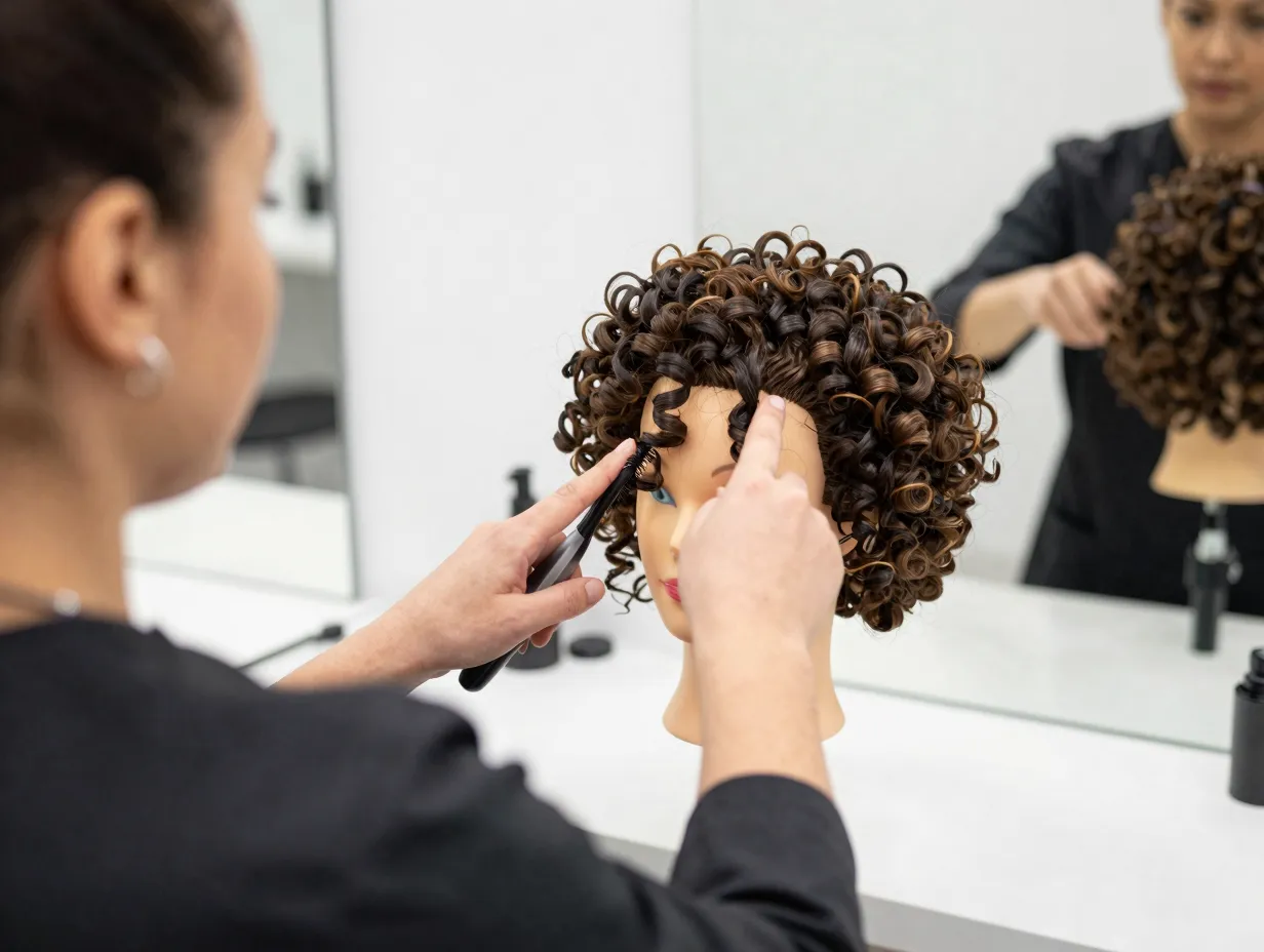 Professional cosmetologist demonstrating hair science on a mannequin