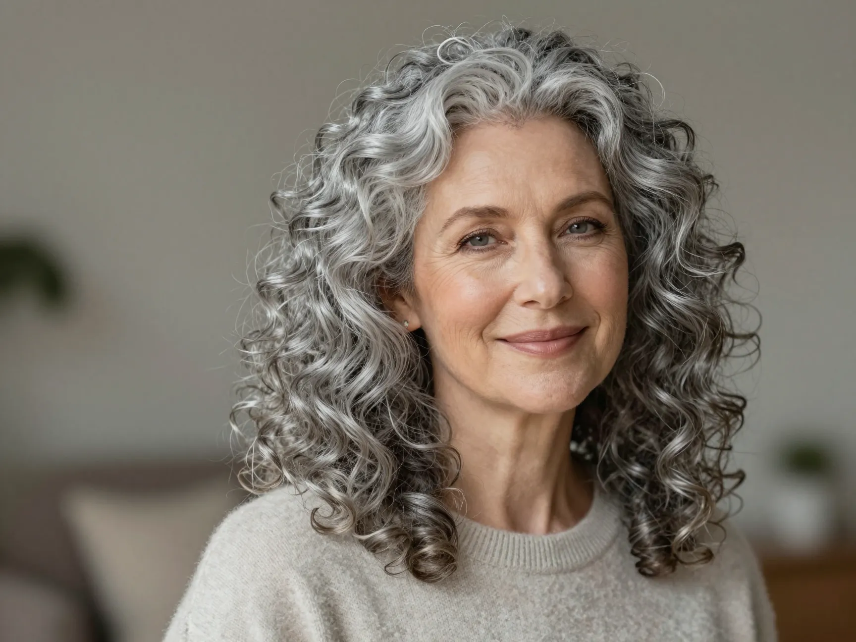 Graceful gray curly hair requiring special moisture and gentle care
