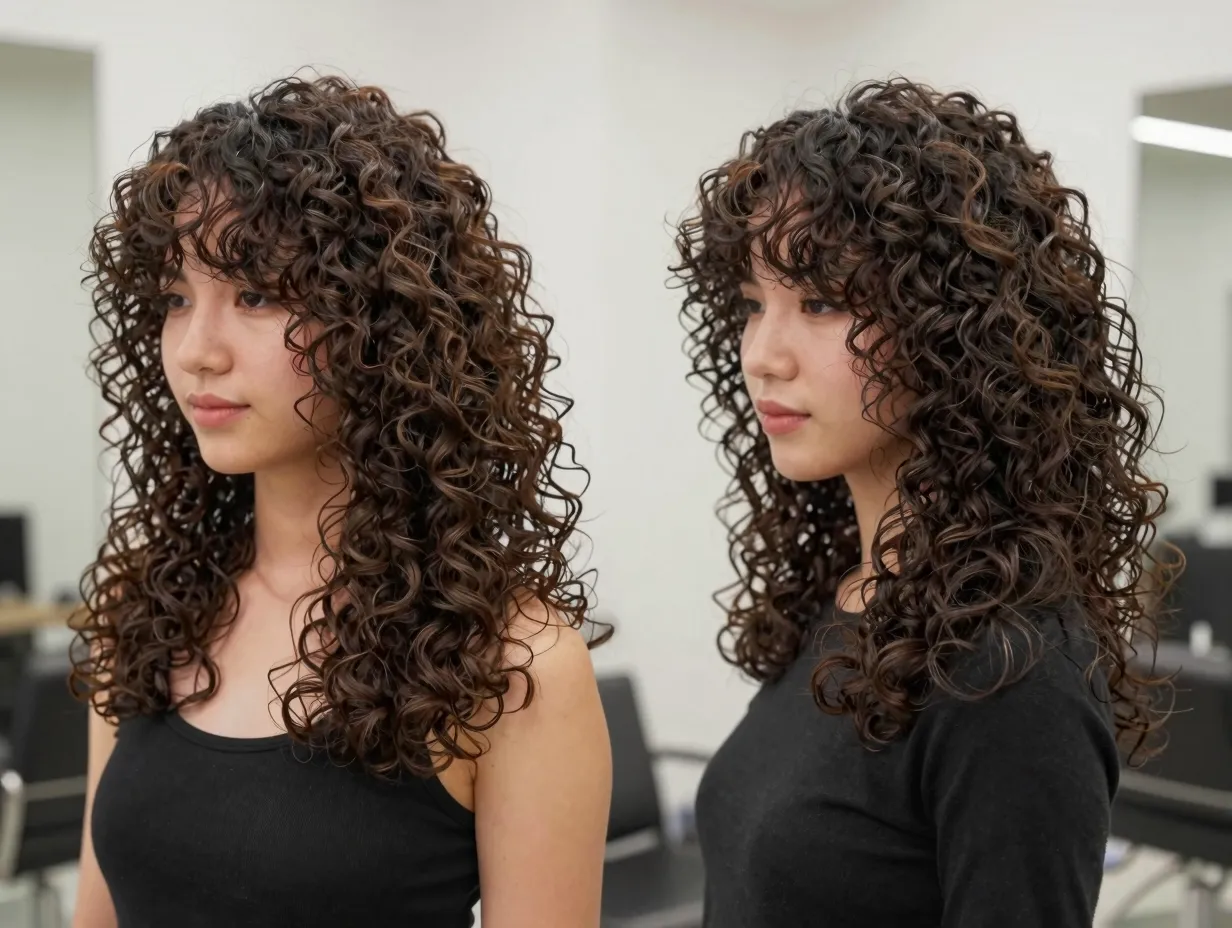 Two women with soft curly curtain bangs blending into layered hair