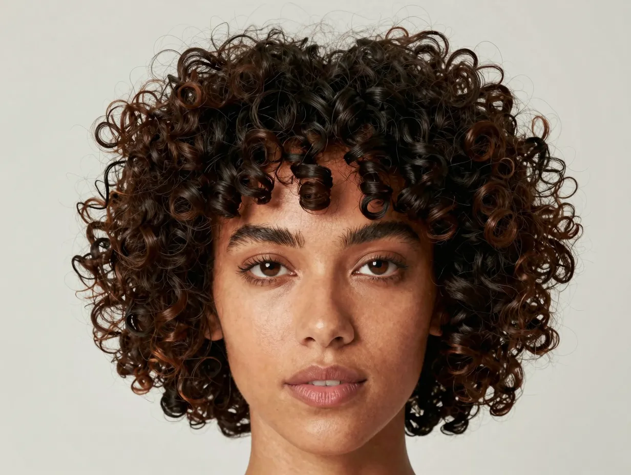 A woman with bold short curly fringe above her eyebrows