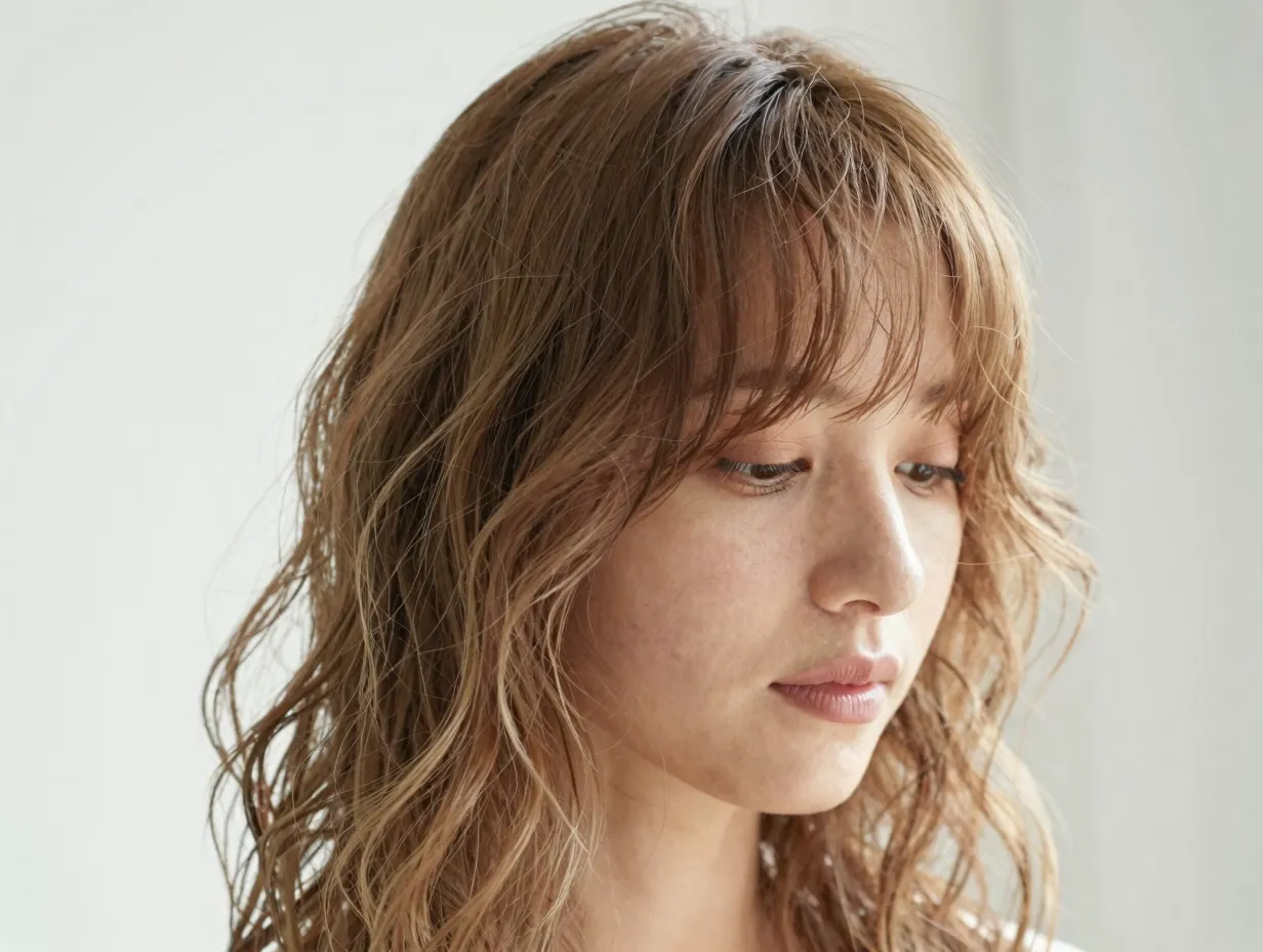 A woman with light wispy bangs across her forehead on wavy hair