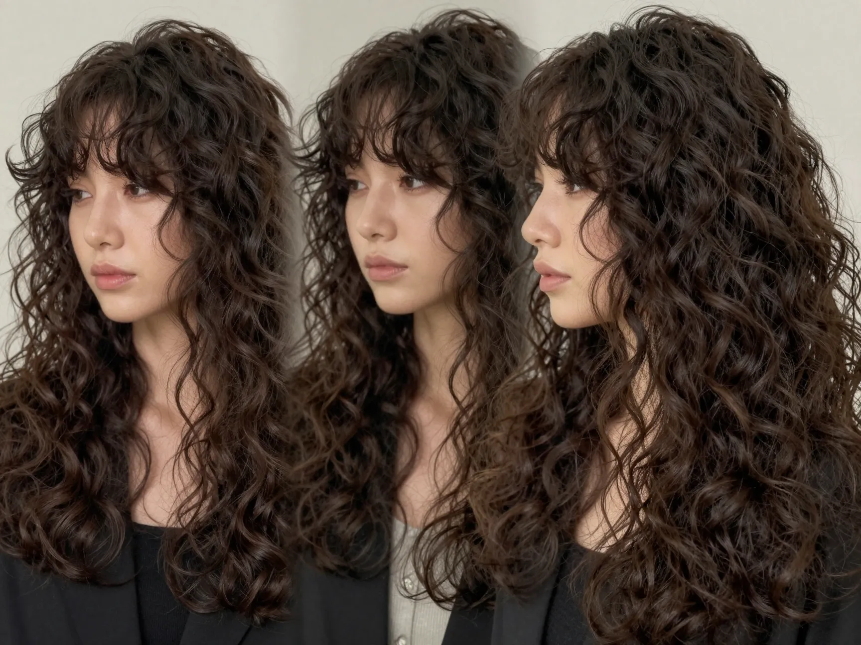 A woman with long curly bangs framing her face to the jawline