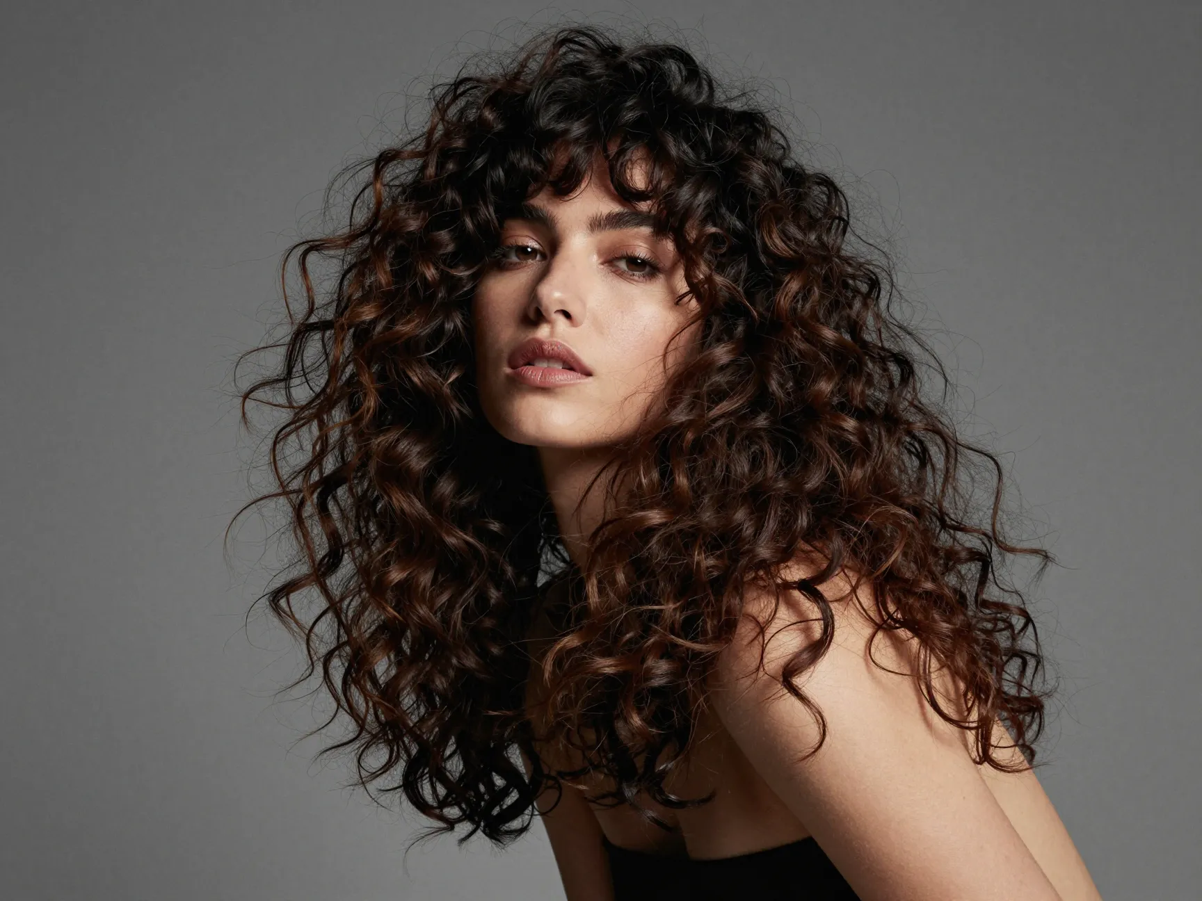 A woman with a curly shag haircut and integrated curtain style bangs