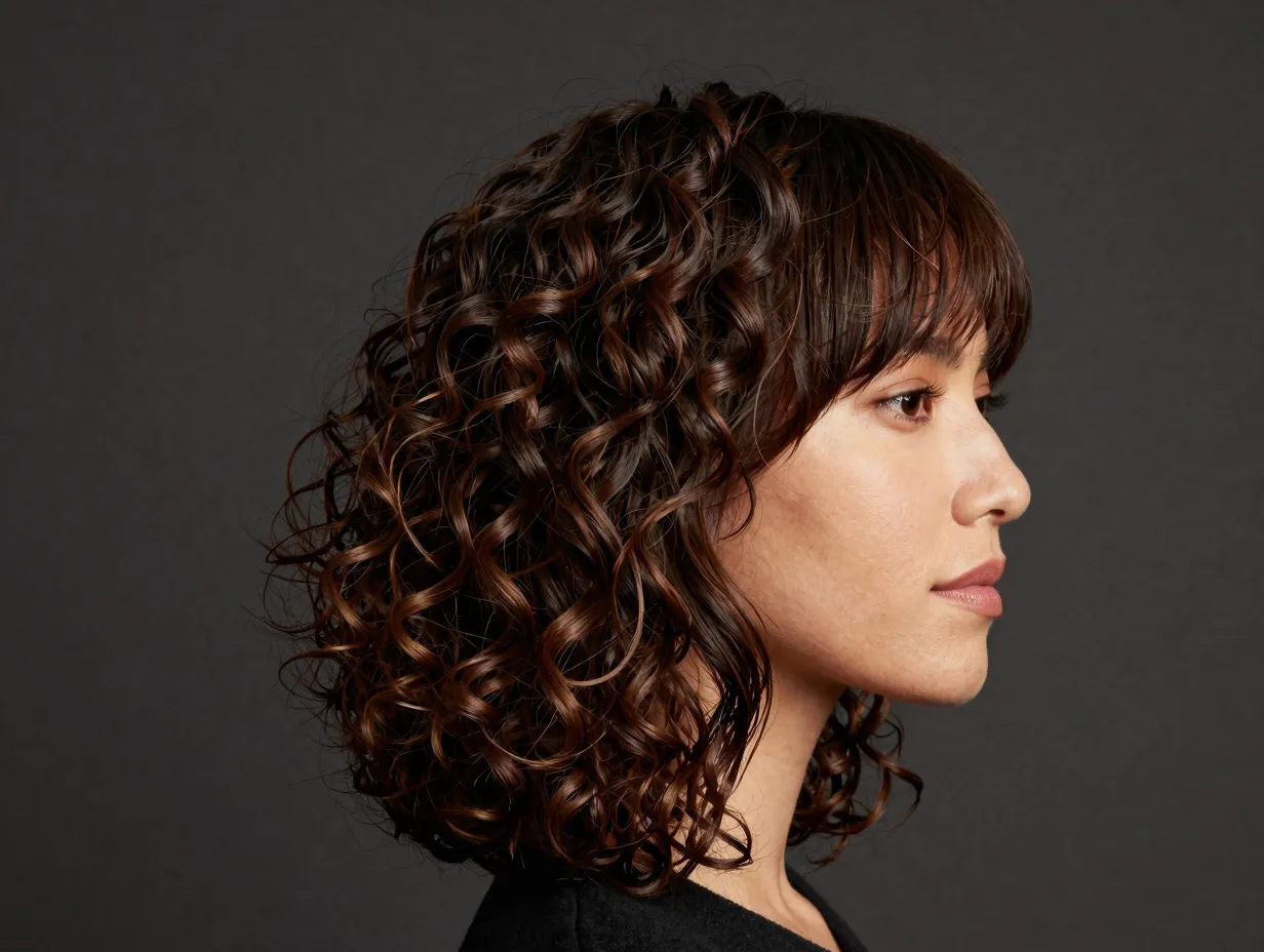 A woman with side swept curly bangs and face framing layers