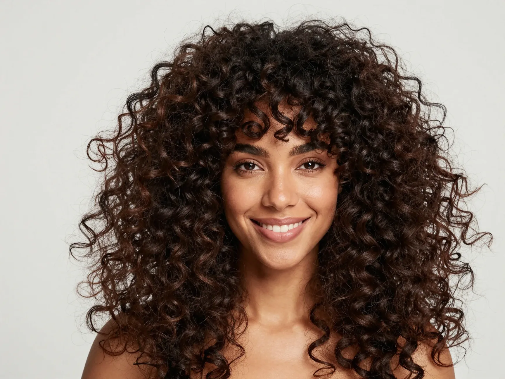 A woman with natural coily hair and full rounded curtain bangs