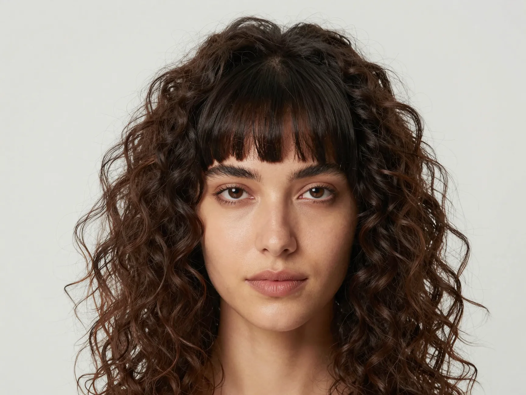 A woman with blunt straight across bangs on textured curly hair