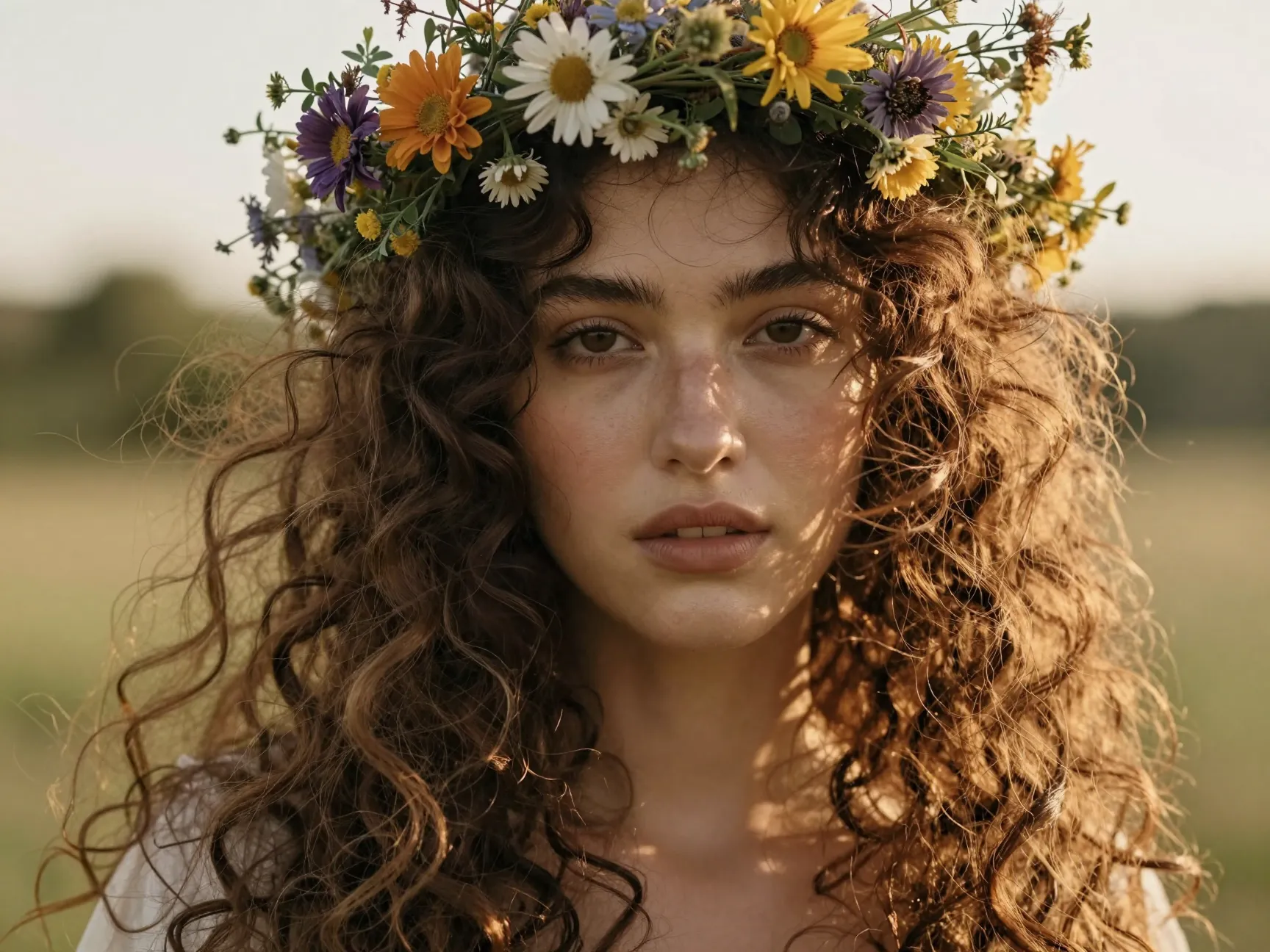 Romantic boho aesthetic loose curls wildflower crown golden hour