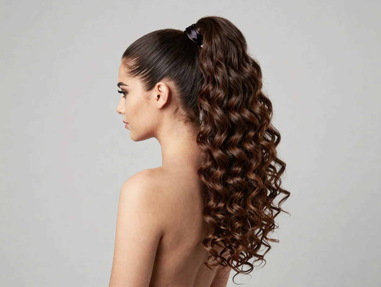 Sleek high ponytail aesthetic voluminous curly cascade