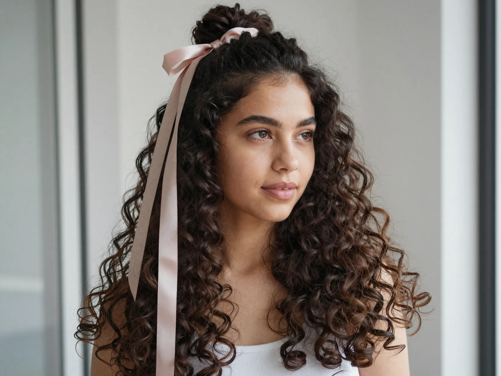 Half up half down aesthetic ribbon curly tendrils