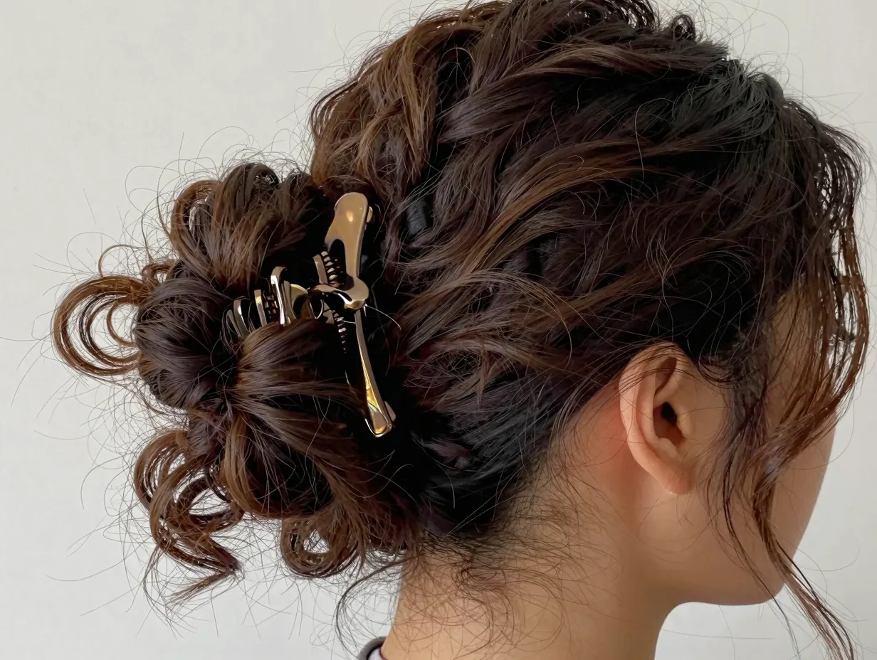 Claw clip updo loose bundle curly hair at nape