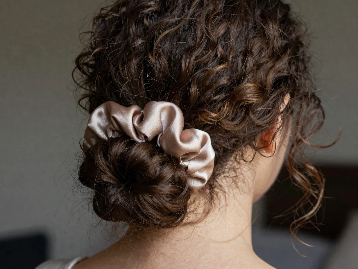 Loose low bun at nape secured with satin scrunchie