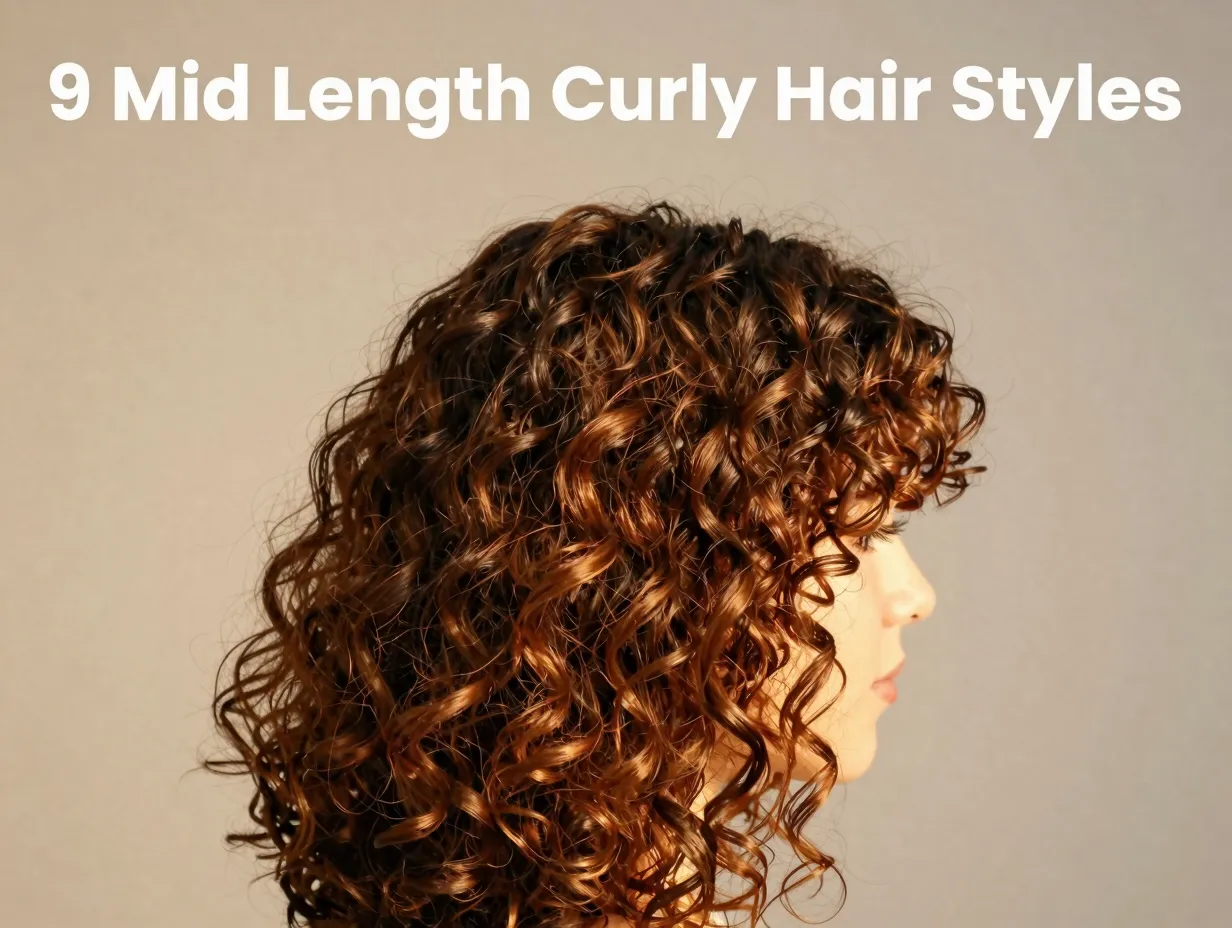 Mid length layered curly hair profile cascade golden light