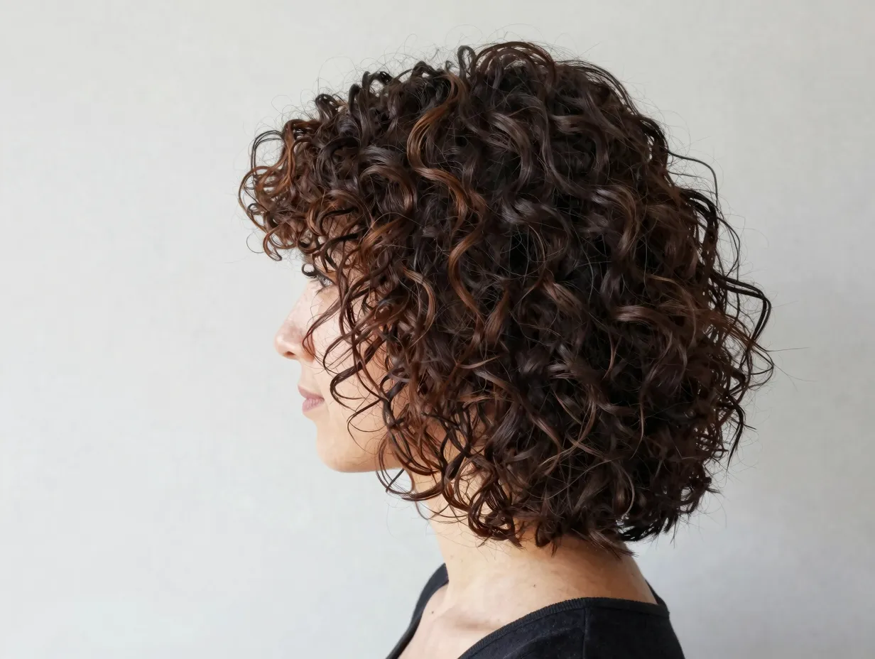 Tapered mid length curly cut long front sections face framing