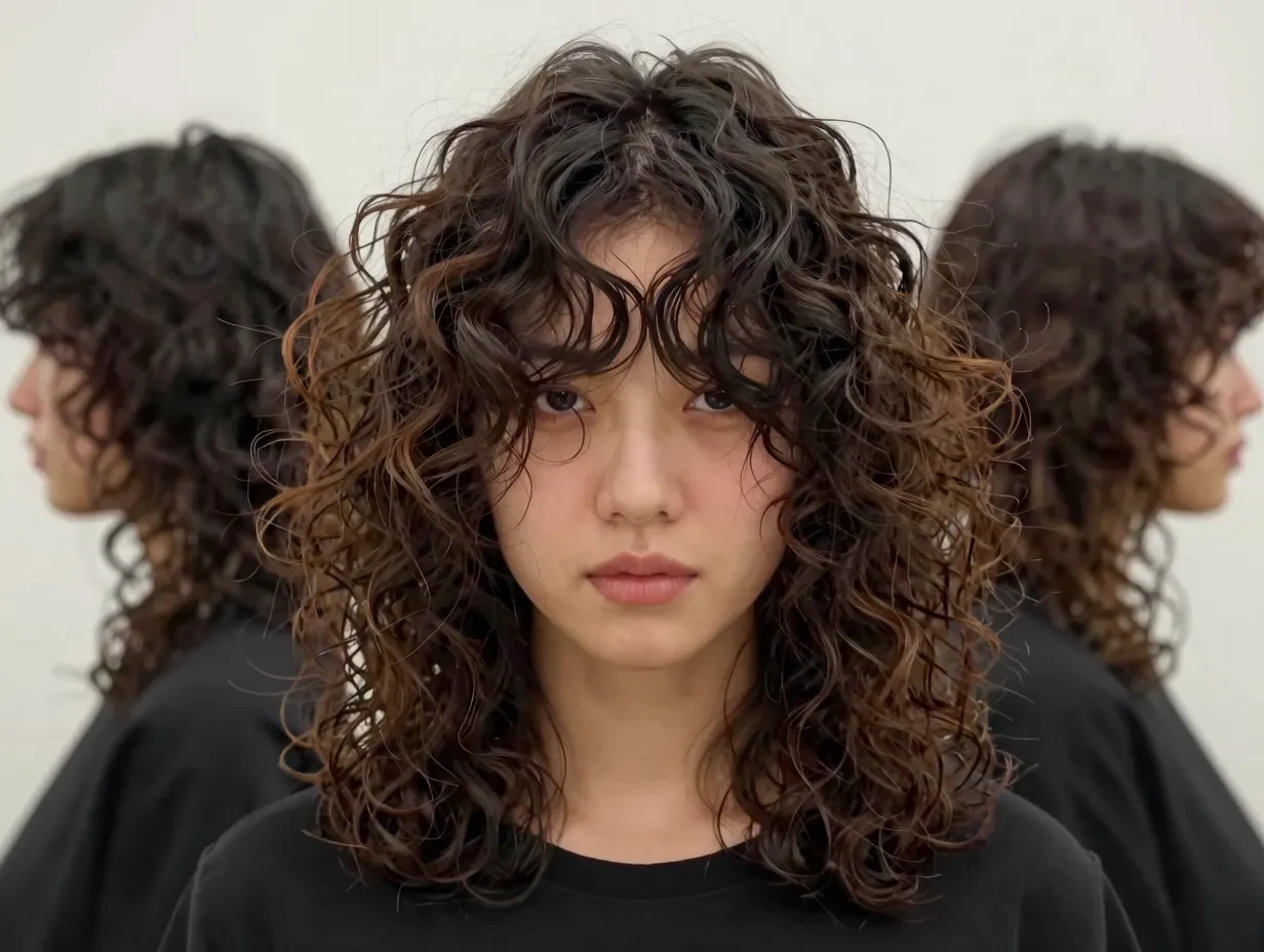 Curly shag haircut with curtain bangs heavy internal layering