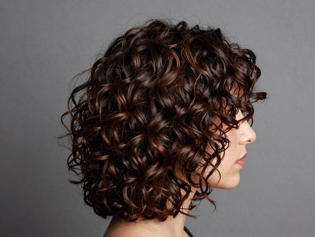 Butterfly cut mid length curly hair dramatic crown layers volume